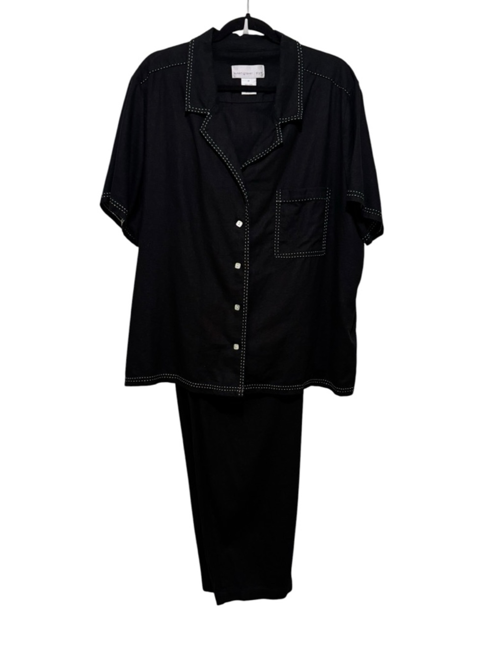 Susan Graver Linen Black Shirt and‎ pants Set with White Stitching